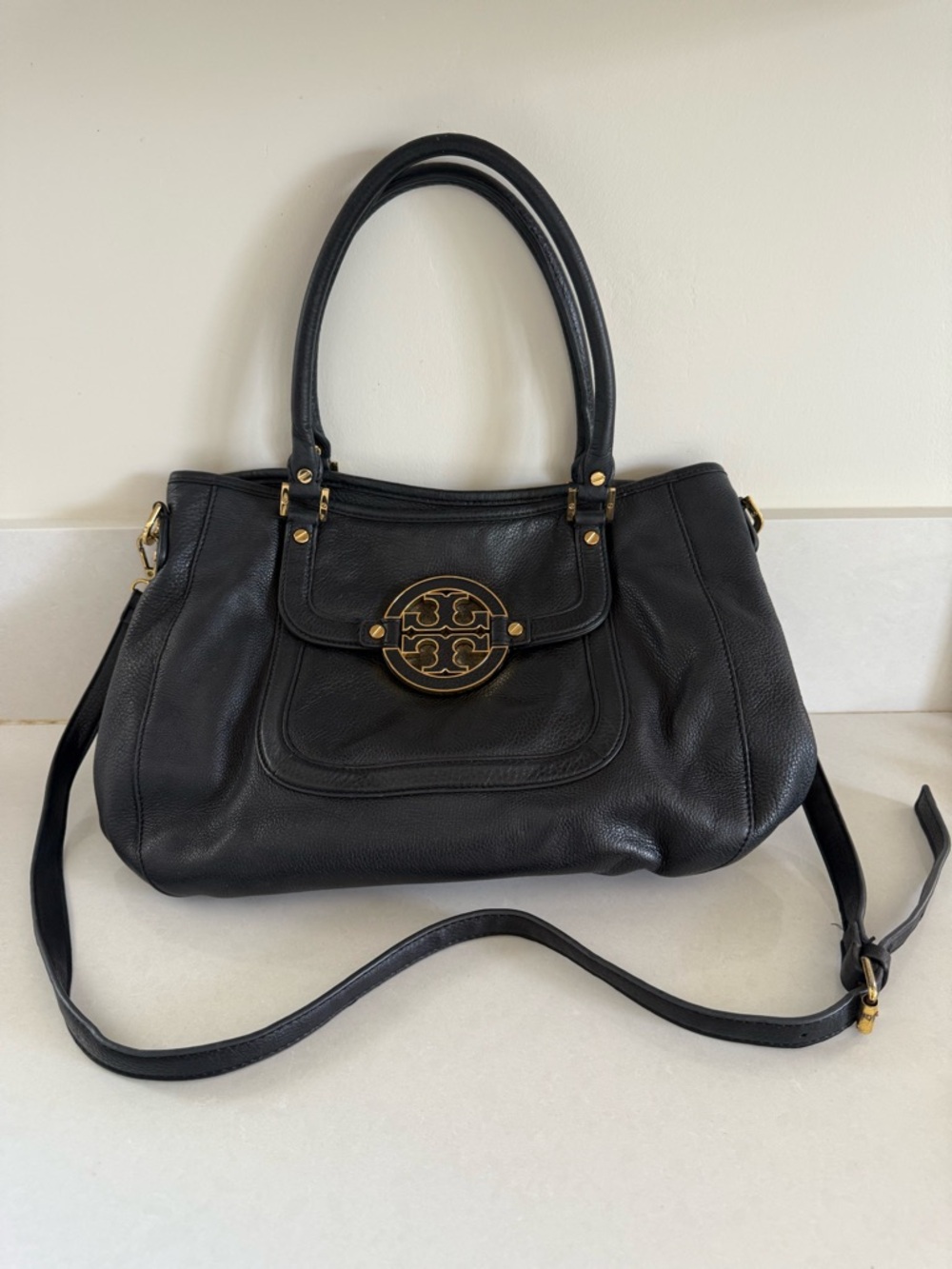 Tory Burch Black Leather Shoulder Satchel with Gold Logo